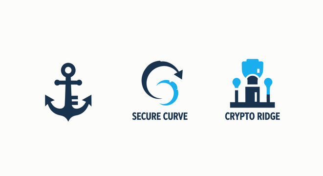 Abstract business concept icons: stability anchor, continuous process, and secure digital fortress for corporate strategy