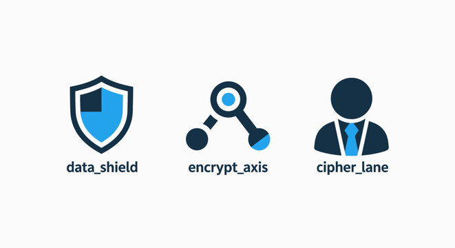 Data shield and encryption axis cybersecurity icons featuring user privacy protection network safety cipher lane and encrypted information access for corporate digital asset security management