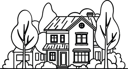 Fototapeta premium Minimalist Black and White Line Art Illustration of a House with Trees and Nature Elements for Architecture, Home, and Landscape Designs