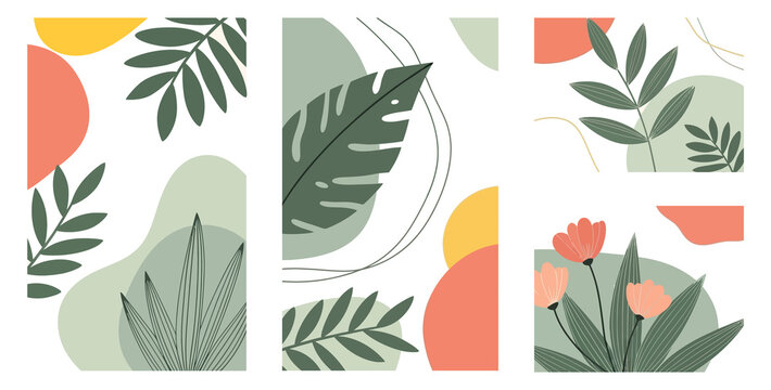 spring summer cards set, creative concept, modern minimalist design, abstract botanical elements, leaves plants flowers, organic shapes, clean composition, fresh seasonal palette, light airy mood, fla