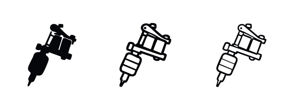 Tattoo machine vector icon set. Professional tattoo gun symbol for body art and permanent ink.