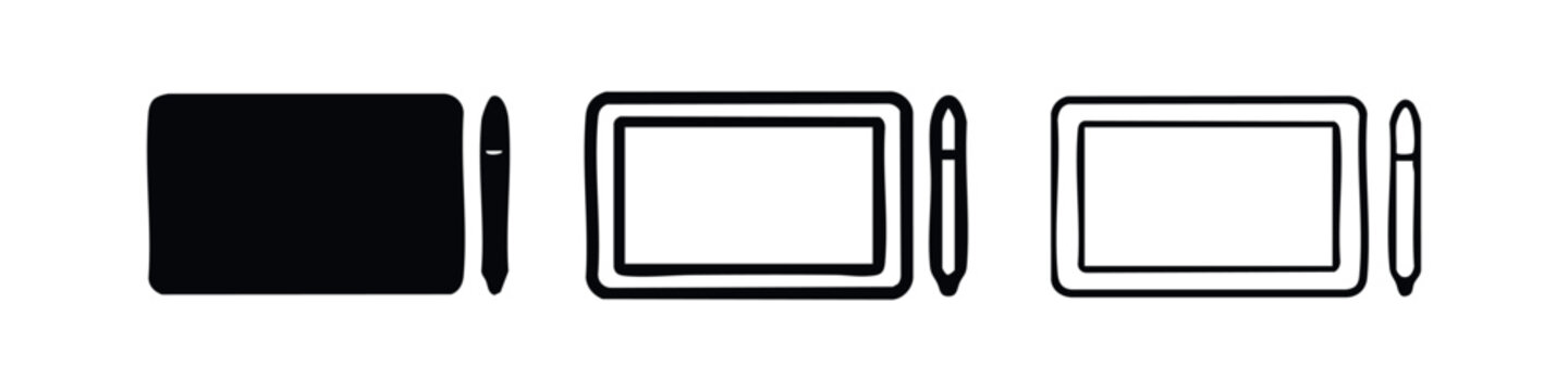 Graphic tablet and pen vector icon set. Digital drawing device symbol for creative work.
