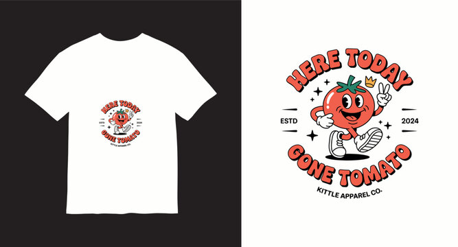 Retro cartoon tomato character t-shirt design with here today gone tomato slogan for apparel print