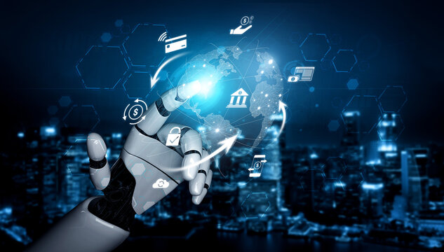 AI managing digital payment network, verifying transactions, enhancing security, and processing global financial transfers through connected platforms. Vouch