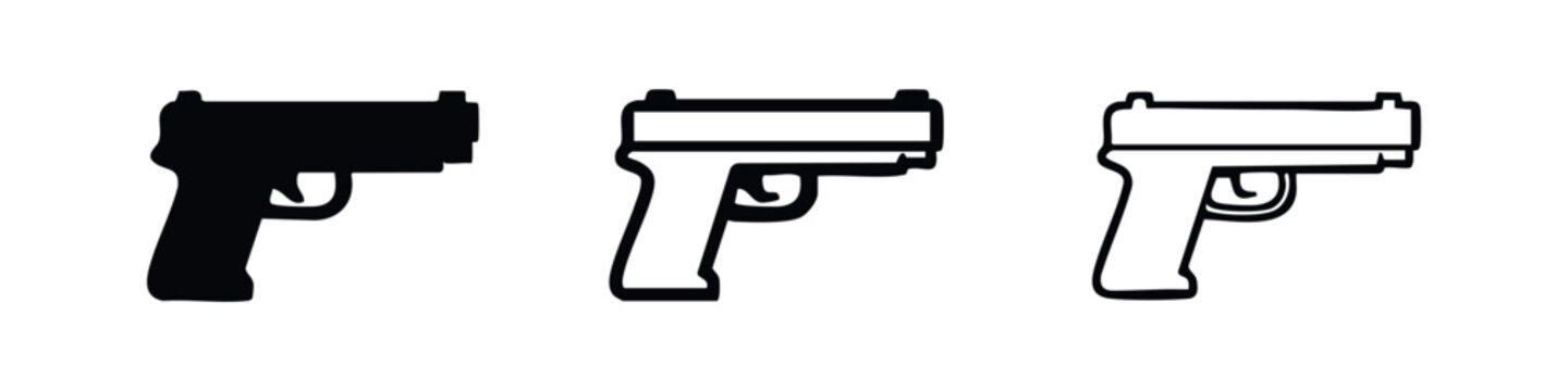Handgun Pistol Icon Set. Firearm Weapon Symbol for Crime, Protection, and Self-Defense