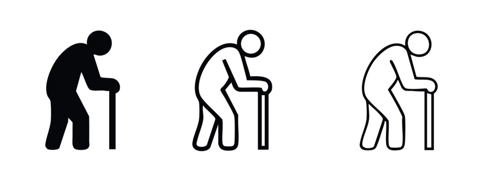 Old person with cane icon set. Outline, glyph and silhouette senior individual symbols isolated on white background.