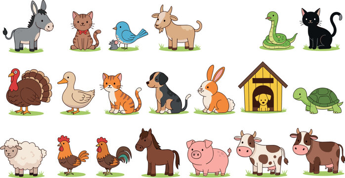 Cute cartoon farm animals set donkey cat dog duck rabbit turtle sheep chicken horse pig cow vector illustration