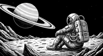 Astronaut Sitting on Moon Surface Gazing at Saturn Rings, Vector Illustration © Purnomo