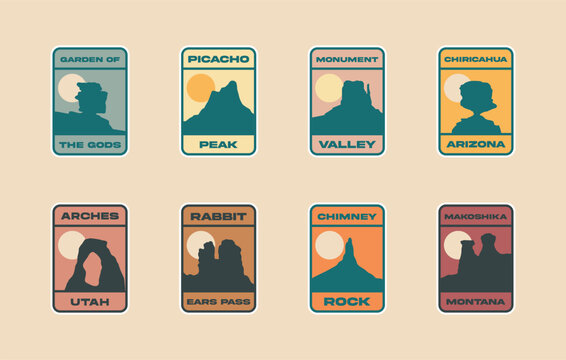American Peaks National Parks Bundle. Vintage Mountain Stickers, Logos and Icons. Vector Outdoor Adventure Set. Picacho Peak, Chiricahua, Makoshika, Chimney Rock, Arches.