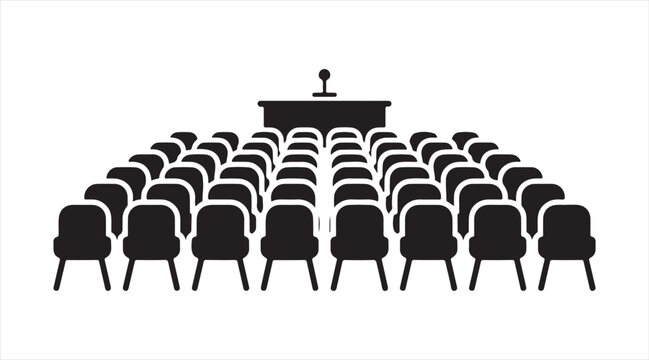 Conference audience with podium silhouette icon, seminar seating and speaker stage isolated on white background, business presentation and public speaking illustration