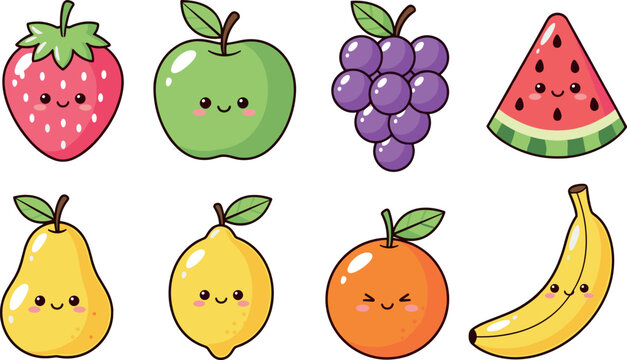 Cute cartoon fruits collection with smiling faces strawberry apple banana grape watermelon kawaii food vector illustration set