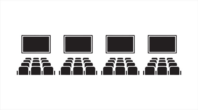 Set of cinema theater icons in black silhouette, audience seating and movie screen symbols, entertainment and auditorium concept illustration