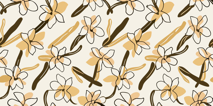 Abstract floral pattern with vanilla bean pods and delicate white blossoms