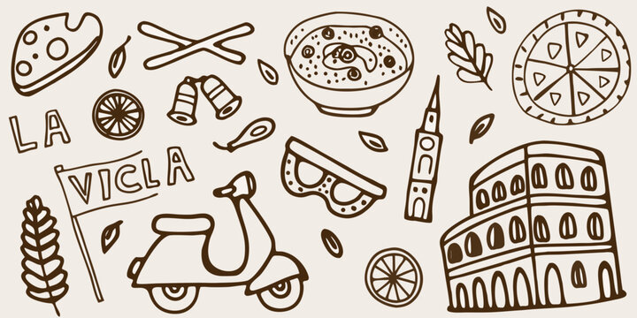 Italy themed doodles food landmarks and travel elements in brown