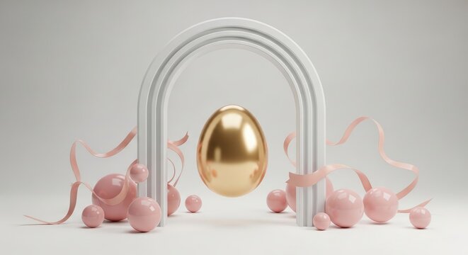 Golden Egg in White Archway with Pink Decorations.