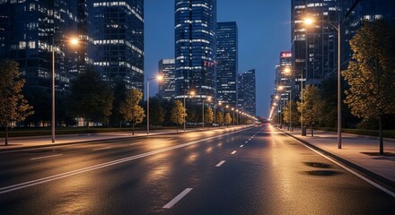Obraz premium Modern City Traffic at Night with Light Trails and Skyscrapers
