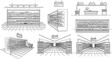 Obraz premium Modern supermarket interior line art collection featuring grocery shelves, retail store aisles, checkout counter, and shopping carts for commerce