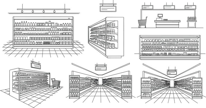Modern supermarket interior line art collection featuring grocery shelves, retail store aisles, checkout counter, and shopping carts for commerce