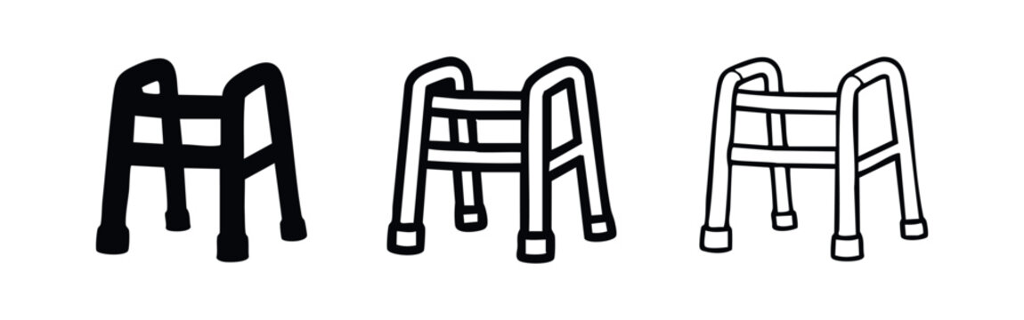Elderly Walking Frame Icon Set. Medical Mobility Aid Walker Symbol Collection. Disability Support Equipment Vector Graphics.