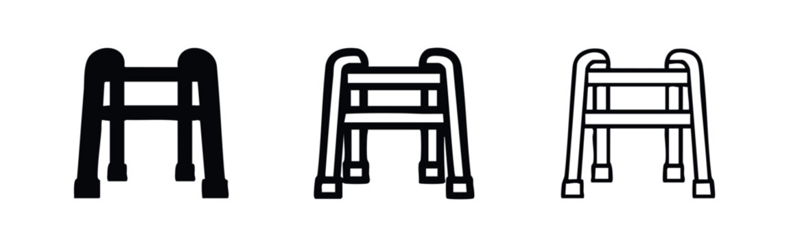 Front View Elderly Walker Icons. Healthcare Mobility Aid Symbol Collection. Orthopedic Walking Frame Vector Set for Rehabilitation.