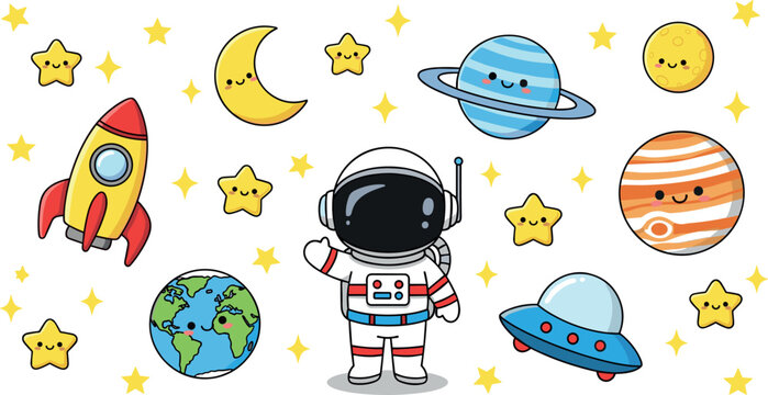 Cute space cartoon collection with astronaut planets rocket stars galaxy elements colorful kids nursery vector illustration set