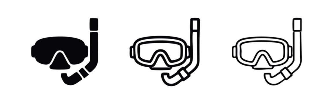 Snorkel mask and tube icon set. Scuba diving and water sports equipment.
