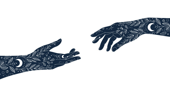 Reaching hands with crescent moon tattoos.