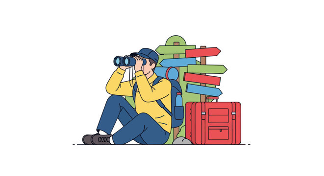 Man looking through binoculars sitting down.