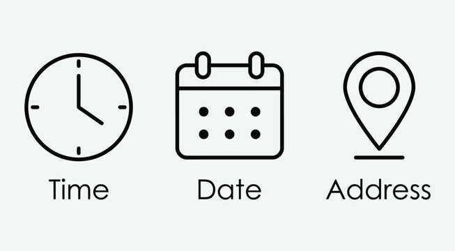 Time, date and address icon. Clock, calendar and location elements for scheduling vector illustration. Useful date and address details for navigation symbol. Clean minimal layout for interface sign.
