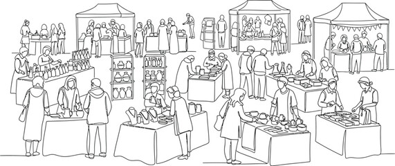 Naklejka premium black and white drawing of a busy market scene