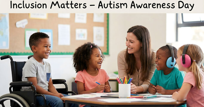 Teacher interacting with diverse children including a child using a wheelchair in a classroom with Inclusion Matters Autism Awareness Day message, highlighting diversity and inclusive education.