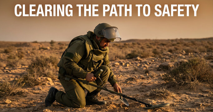 Landmine clearance concept with bomb disposal expert ensuring safety in conflict zone and demining operation