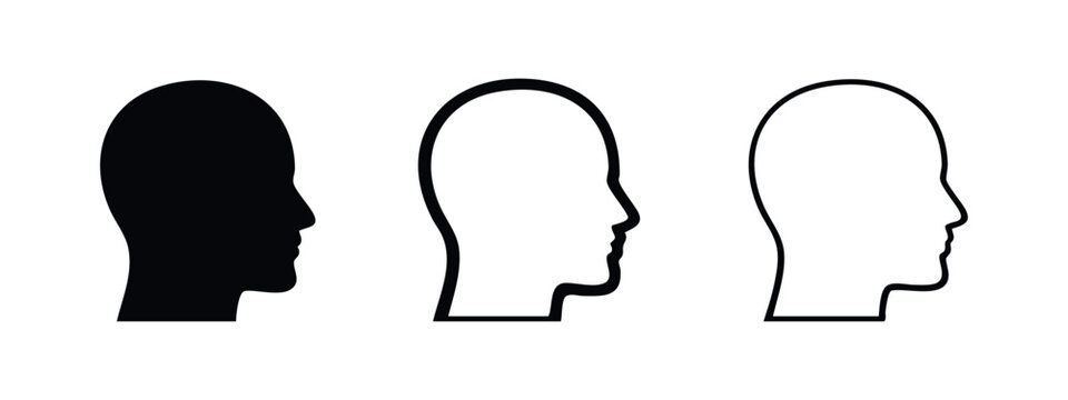 Human head profile icon set. User or person silhouette and outline symbol collection on white background.