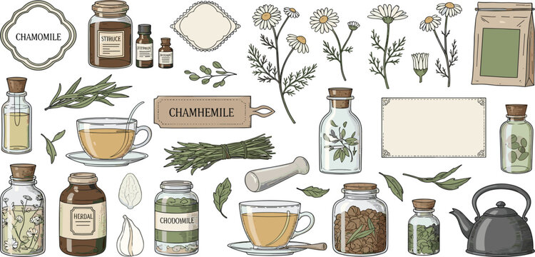 Chamomile Herbal Tea Vector Set Featuring Dried Flowers Bottles Labels Teapot and Natural Ingredients for Organic Wellness Packaging and Botanical Illustration Design