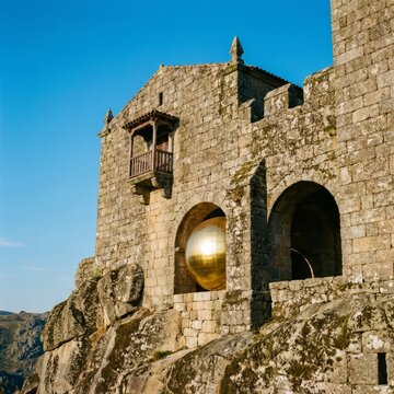 Historic Stone Fortress On Cliff With Golden Orb.