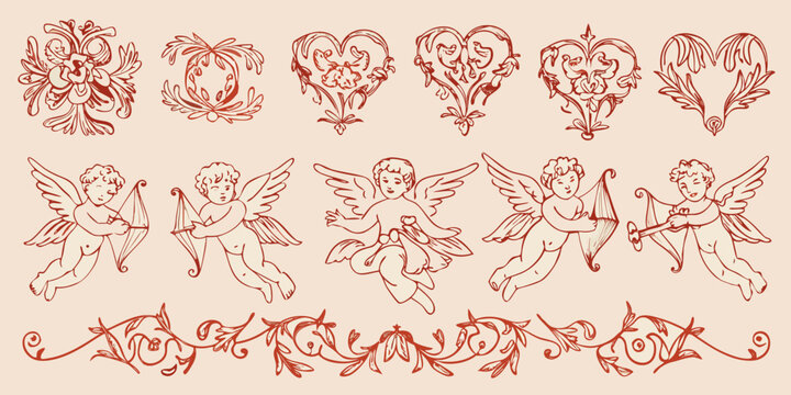 Vintage cherub and floral doodles create an ornate design silhouette