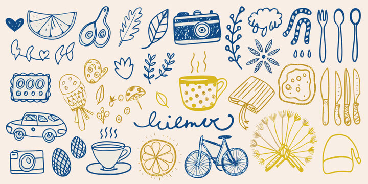 Doodle collection featuring everyday objects and a whimsical silhouette