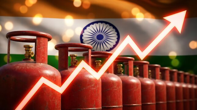 Red gas cylinders aligned with Indian flag background and upward trending graph symbolizing rising prices or demand for cooking fuel in India economy concept visual.