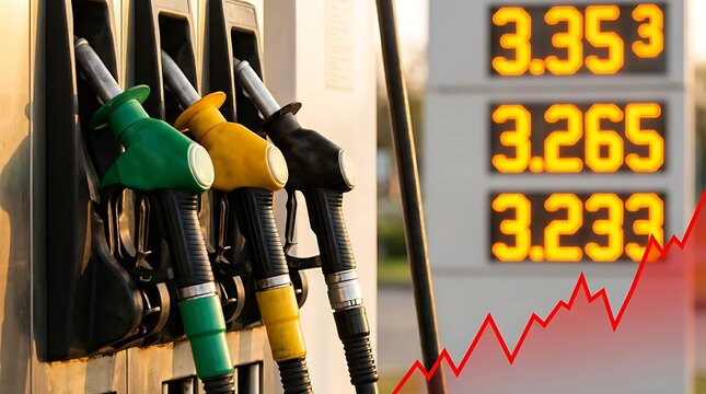 Close up of multiple gas station fuel pumps; green, yellow, black nozzles sit near a digital price sign showing 3.353, 3.265, 3.233 with upward red graph.