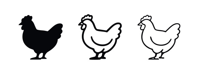 Fototapeta premium Chicken Hen Icon Set - Farm Fowl Silhouette and Outline Vector Graphics
