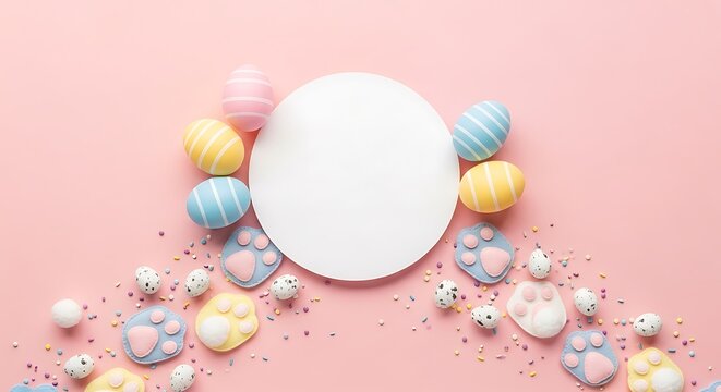A pastel Easter themed arrangement with colorful eggs and bunny footprints on a pink background with a white circle for text