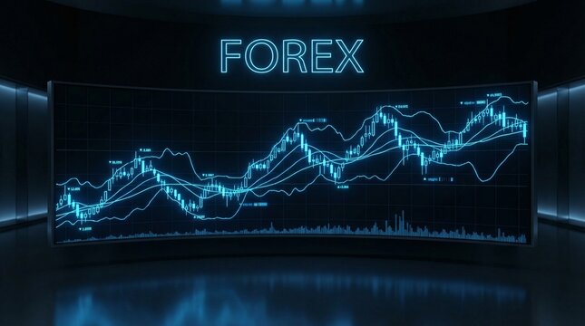 Forex trading graphs and charts on a large screen display in a dark room