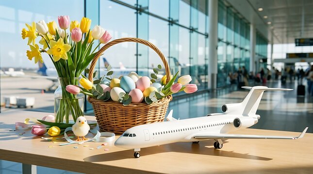 Spring easter basket full of colorful eggs and tulips on table near airplane model in airport terminal with planes outside window symbolizing holiday travel transportation and celebration.