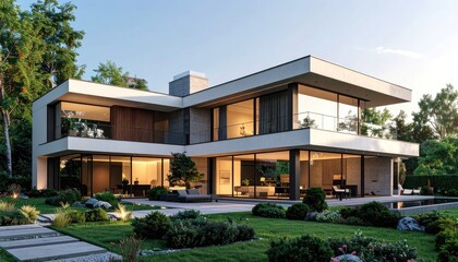 Fototapeta premium A luxurious modern villa with expansive glass windows and manicured landscaping.