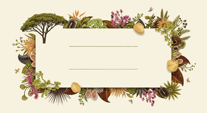 Floral Frame with Acacia Tree and Exotic Flowers, Botanical Border for Text