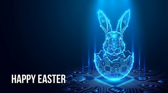 Futuristic Happy Easter greeting featuring digital holographic rabbit emerging from a circuit patterned egg on a dark blue technical background symbolizing high tech spring season.