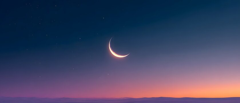 Glowing Crescent Moon Rising Over Minimalist Desert Dunes at Twilight