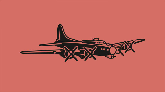 Vintage B-17 Flying Fortress Bomber Silhouette Against Red Background.