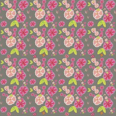 Fototapeta premium A photo of a soft pink floral seamless pattern shown on a mobile device, featuring playful flowers and leaves in a light, cheerful style.