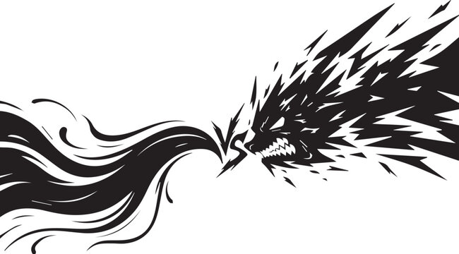 Aggressive monster silhouette vector illustration, wild beast exploding into energy line art